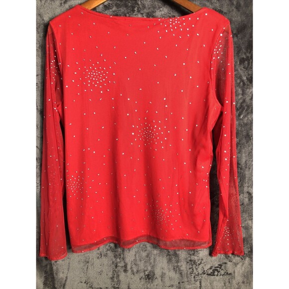 Victoria Jones Red Blouse Sheer Sleeve Sliver Sparkle Size Women’s Large - Picture 4 of 8